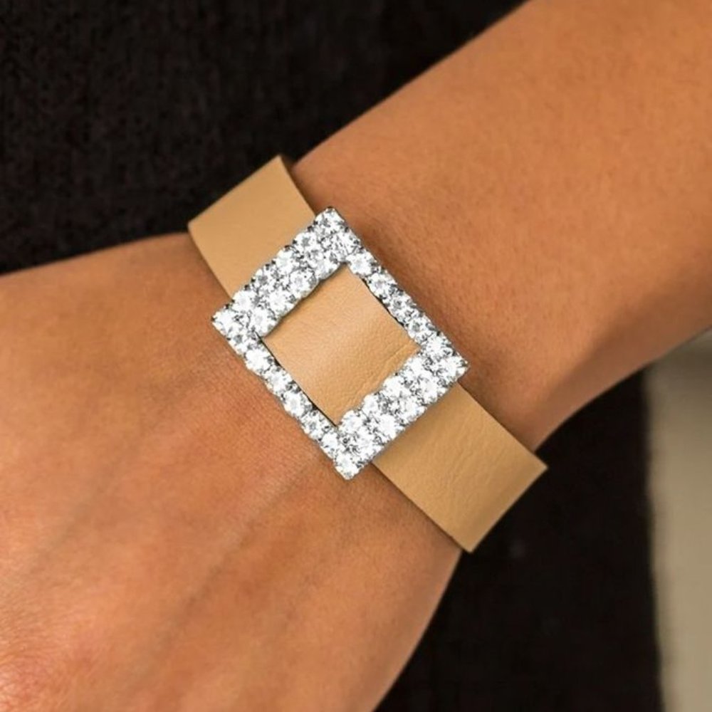 Tan Statement Bracelet with Square Rhinestone Buckle